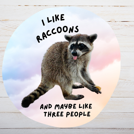 "I like raccoons and maybe like three people" Raccoon Sticker - Syzygy.Boston
