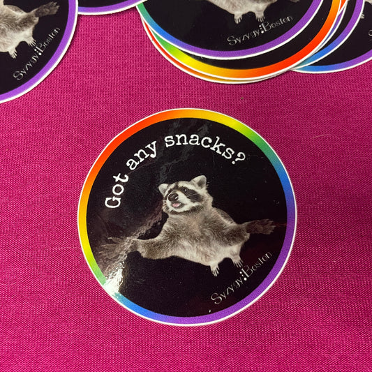 "Got any snacks?" Hungry Raccoon Sticker - Syzygy.Boston