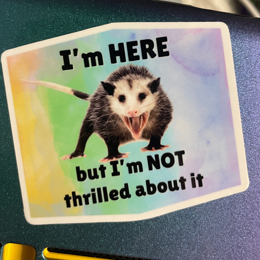 "I'm HERE but I'm NOT thrilled about it" Rainbow Opossum Sticker - Syzygy.Boston